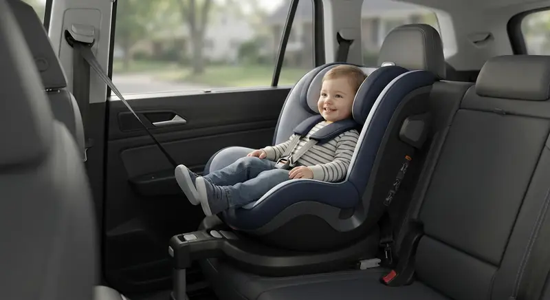 Toddler smiling in a rear-facing child seat fitted in a taxi